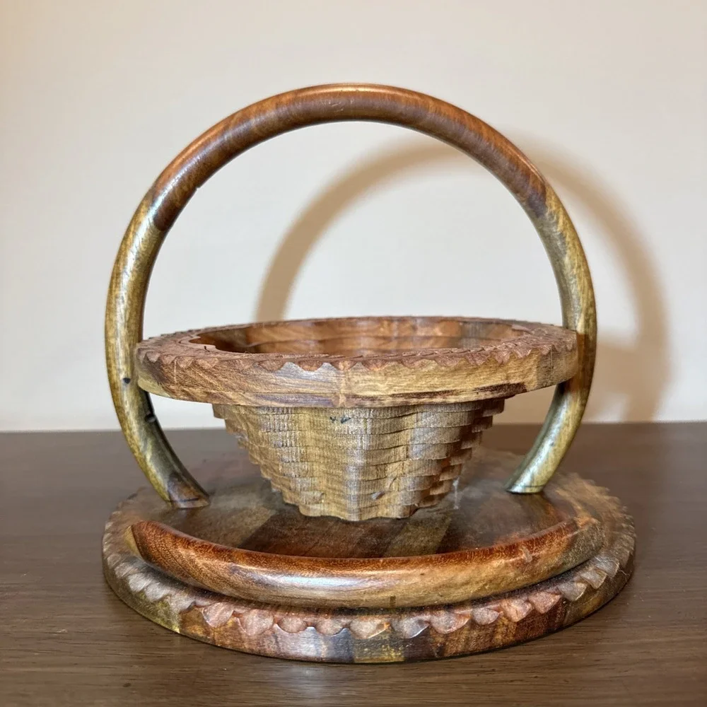 Vintage Hand Carved Wood Collapsible Spiral Basket Floral Folding Trivet Cottage